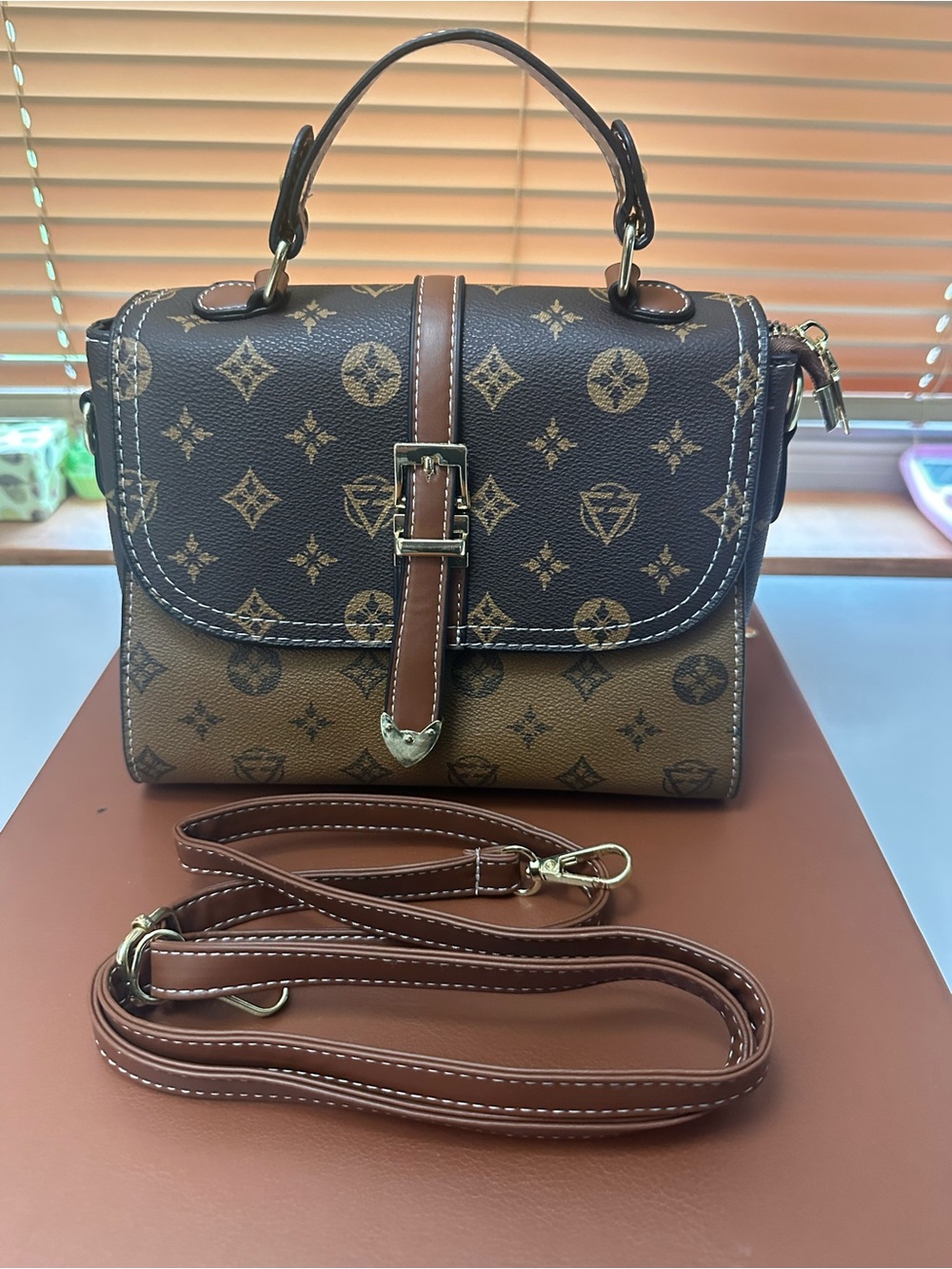 Brown Monogram Satchel Handbag with Removable Strap